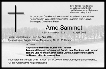 Traueranzeige von Arno Sammet von Frankenpost