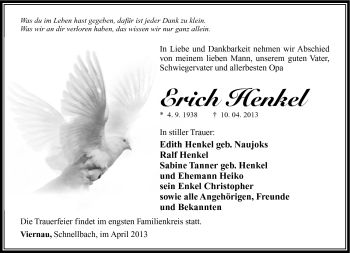 Traueranzeige von Erich Henkel von Südthüringer Presse