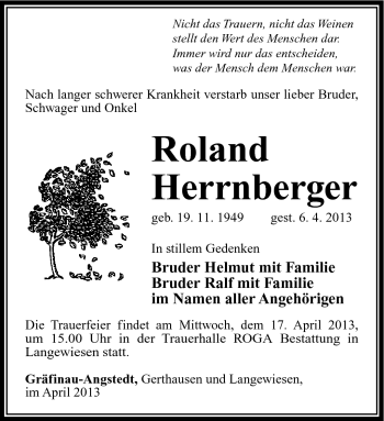 Traueranzeige von Roland Herrnberger von Südthüringer Presse