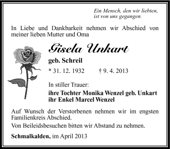 Traueranzeige von Gisela Unkart von Südthüringer Presse