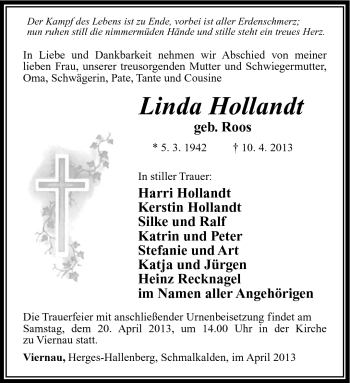 Traueranzeige von Linda Hollandt von Südthüringer Presse