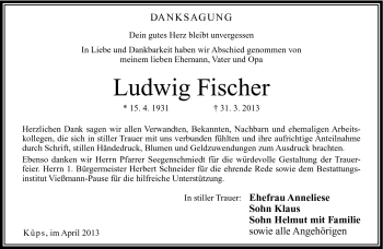 Traueranzeige von Ludwig Fischer von Neue Presse Coburg