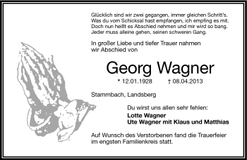 Traueranzeige von Georg Wagner von Frankenpost