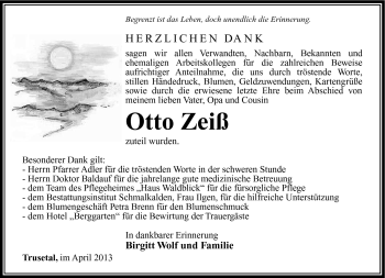 Traueranzeige von Otto Zeiß von Südthüringer Presse
