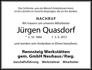 Traueranzeige von Jürgen Quasdorf von Südthüringer Presse
