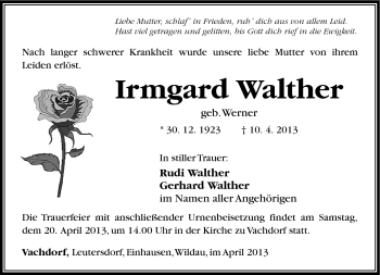 Traueranzeige von Irmgard Walther von Südthüringer Presse