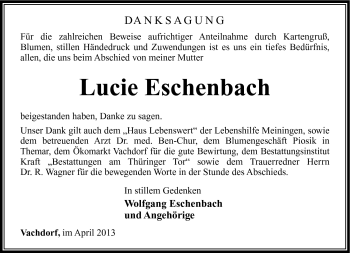Traueranzeige von Lucie Eschenbach von Südthüringer Presse