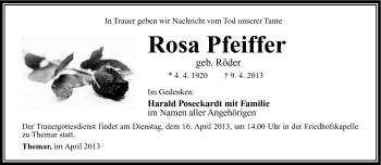 Traueranzeige von Rosa Pfeiffer von Südthüringer Presse