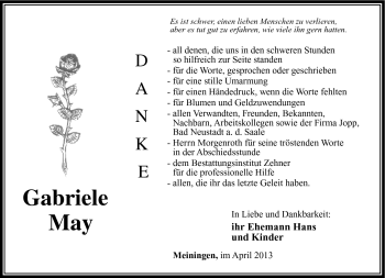 Traueranzeige von Gabriele May von Südthüringer Presse