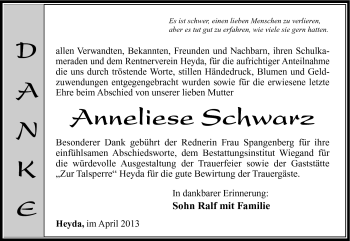 Traueranzeige von Anneliese Schwarz von Südthüringer Presse
