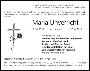 Traueranzeige von Maria Unverricht von Neue Presse Coburg