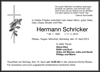 Traueranzeige von Hermann Schricker von Frankenpost
