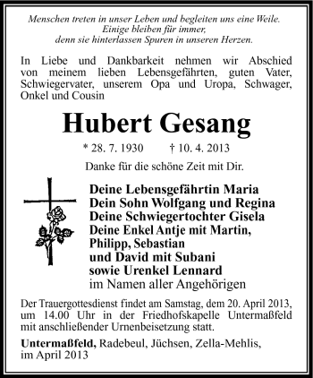 Traueranzeige von Hubert Gesang von Südthüringer Presse