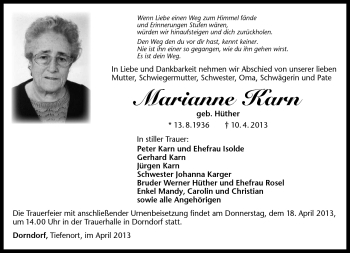 Traueranzeige von Marianne Karn von Südthüringer Presse
