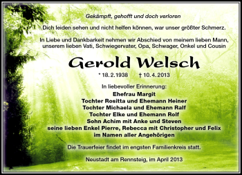 Traueranzeige von Gerold Welsch von Südthüringer Presse