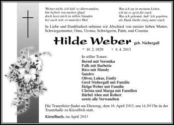 Traueranzeige von Hilde Weber von Südthüringer Presse
