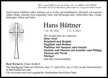 Traueranzeige von Hans Büttner von Neue Presse Coburg