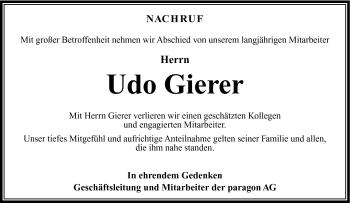 Traueranzeige von Udo Gierer von Südthüringer Presse