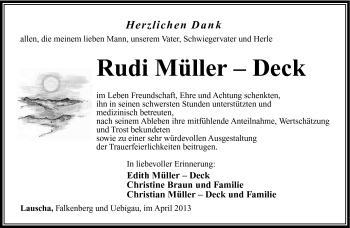 Traueranzeige von Rudi Müller-Deck von Südthüringer Presse