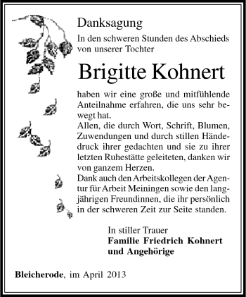 Traueranzeige von Brigitte Kohnert von Südthüringer Presse