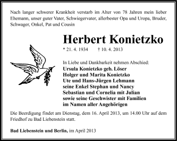 Traueranzeige von Herbert Konietzko von Südthüringer Presse