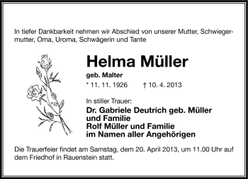 Traueranzeige von Helma Müller von Südthüringer Presse