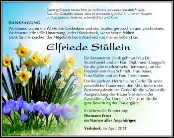 Traueranzeige von Elfriede Stüllein von Südthüringer Presse