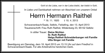 Traueranzeige von Hermann Raithel von Frankenpost