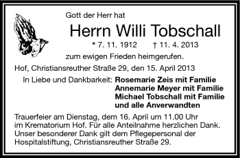 Traueranzeige von Willi Tobschall von Frankenpost