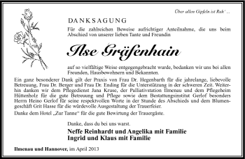 Traueranzeige von Ilse Gräfenhain von Südthüringer Presse