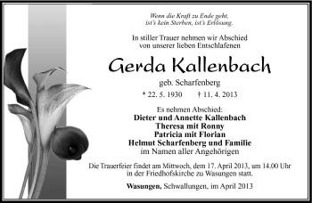 Traueranzeige von Gerda Kallenbach von Südthüringer Presse