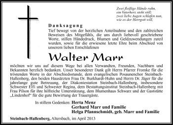 Traueranzeige von Walter Marr von Südthüringer Presse