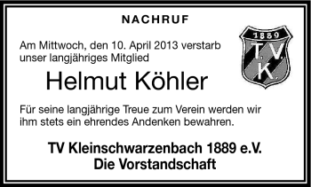 Traueranzeige von Helmut Köhler von Frankenpost