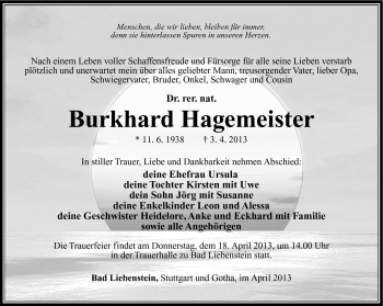 Traueranzeige von Burkhard Dr. rer. nat. Hagemeister von Südthüringer Presse