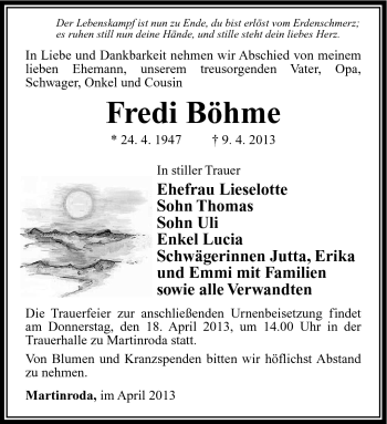 Traueranzeige von Fredi Böhme von Südthüringer Presse