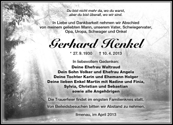 Traueranzeige von Gerhard Henkel von Südthüringer Presse