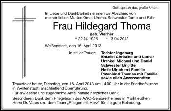 Traueranzeige von Hildegard Thoma von Frankenpost