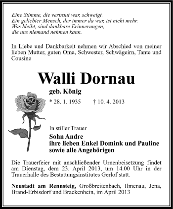 Traueranzeige von Walli Dornau von Südthüringer Presse