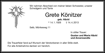 Traueranzeige von Grete Könitzer von Frankenpost