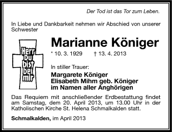 Traueranzeige von Marianne Königer von Südthüringer Presse