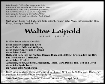 Traueranzeige von Walter Leipold von Südthüringer Presse