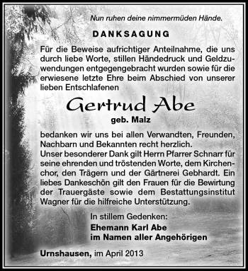 Traueranzeige von Gertrud Abe von Südthüringer Presse