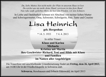 Traueranzeige von Lisa Heinrich von Südthüringer Presse