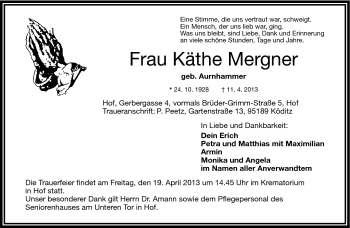 Traueranzeige von Käthe Mergner von Frankenpost