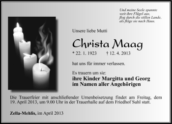 Traueranzeige von Christa Maag von Südthüringer Presse