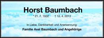 Traueranzeige von Horst Baumbach von Südthüringer Presse