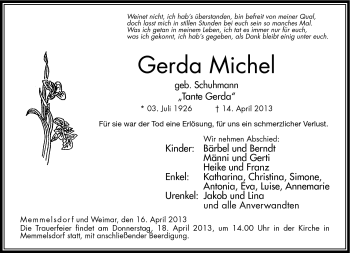 Traueranzeige von Gerda Michel von Neue Presse Coburg