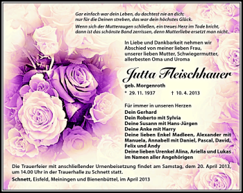 Traueranzeige von Jutta Fleischhauer von Südthüringer Presse