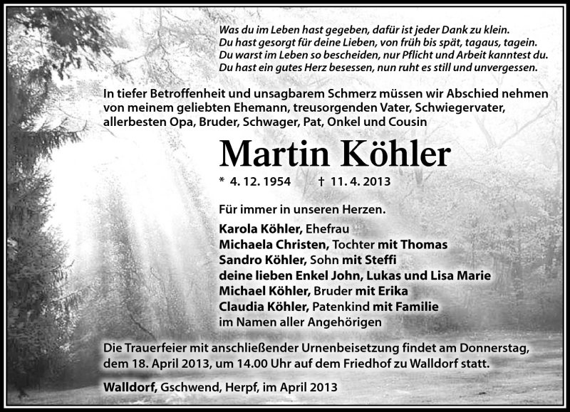  Traueranzeige für Martin Köhler vom 16.04.2013 aus Südthüringer Presse