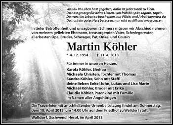Traueranzeige von Martin Köhler von Südthüringer Presse